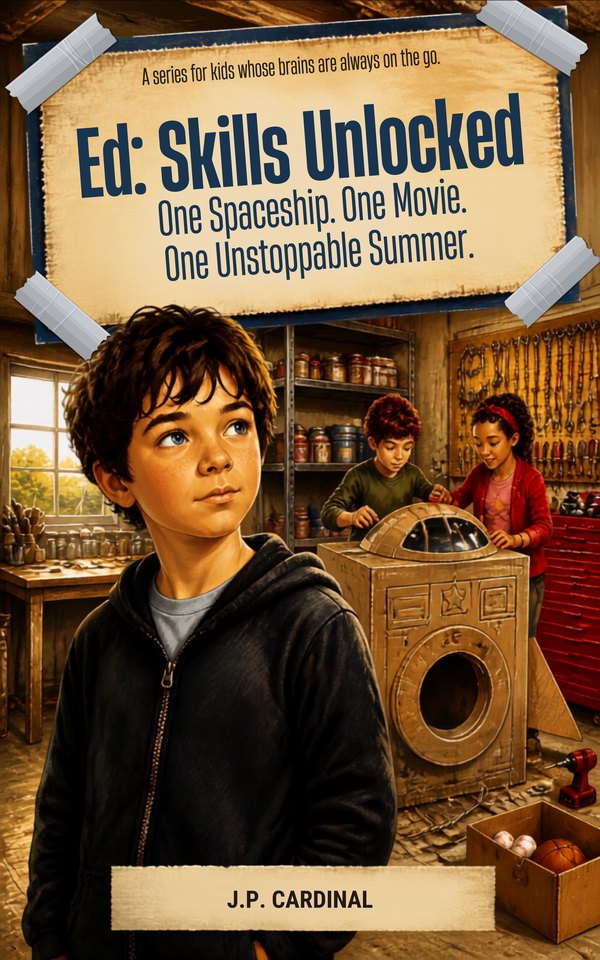 Cover of Book One: Ed stands in a garage
  workshop while two friends build a cardboard spaceship behind him.