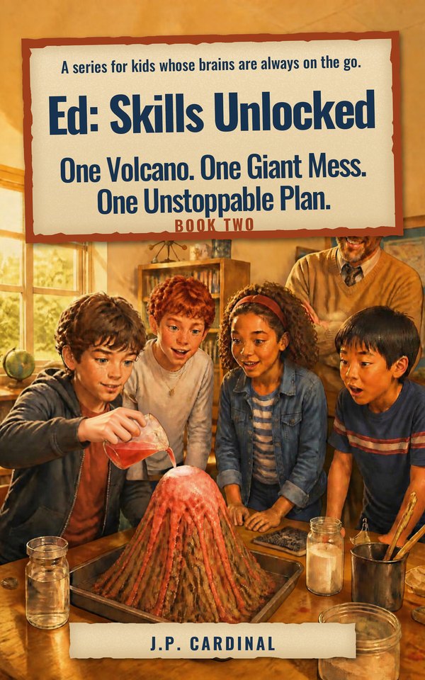 Cover of Book Two: Ed pours vinegar
  into his volcano while three classmates and his teacher lean in to watch it
  erupt.
